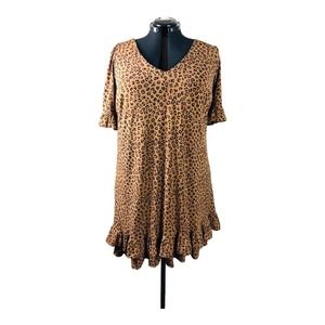 3914 Womens1X Animal Cheetah Print T- Shirt Dress Ruffles Short Sleeves Stretchy